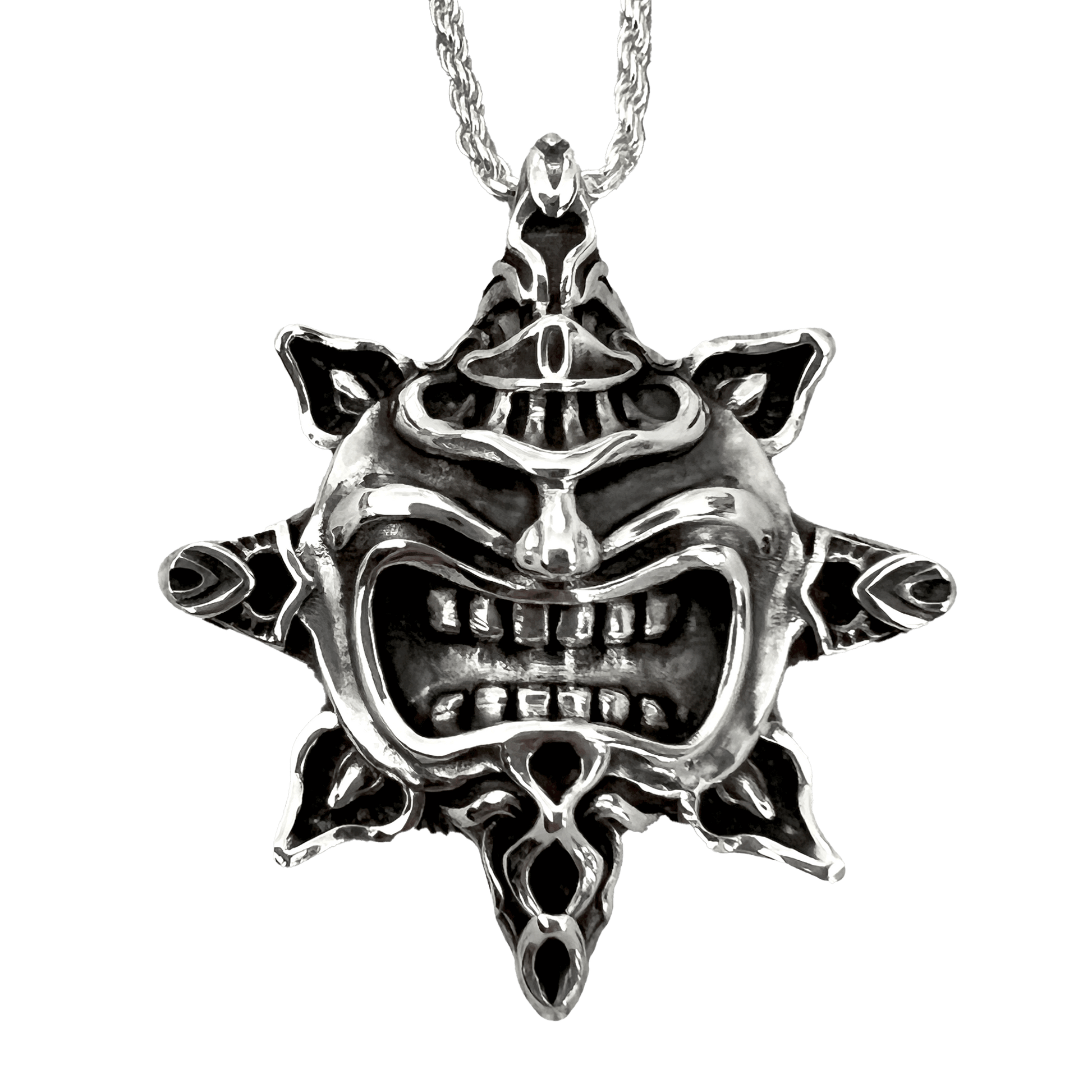 Premium, handmade solid sterling silver tiki-sun pendant. A fine example of luxury sterling silver Polynesian jewelry. 